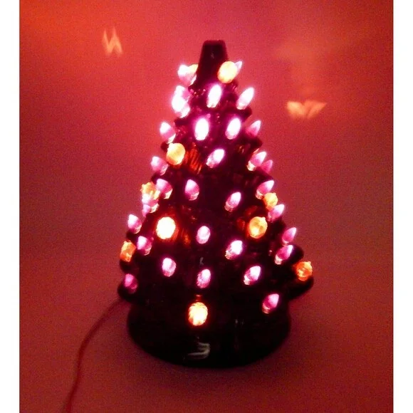 Halloween Tabletop Light Up Tree Ceramic 13 Inch Black Orange Purple